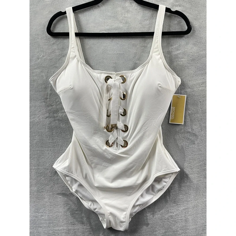 NWT Michael Kors One Piece Swimsuit Womens White New Lace Up Grommet Sz 12 $140